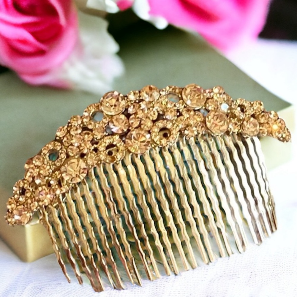 New! Gold Hair Clip Comb Peach Rhinestones - Picture 2 of 11